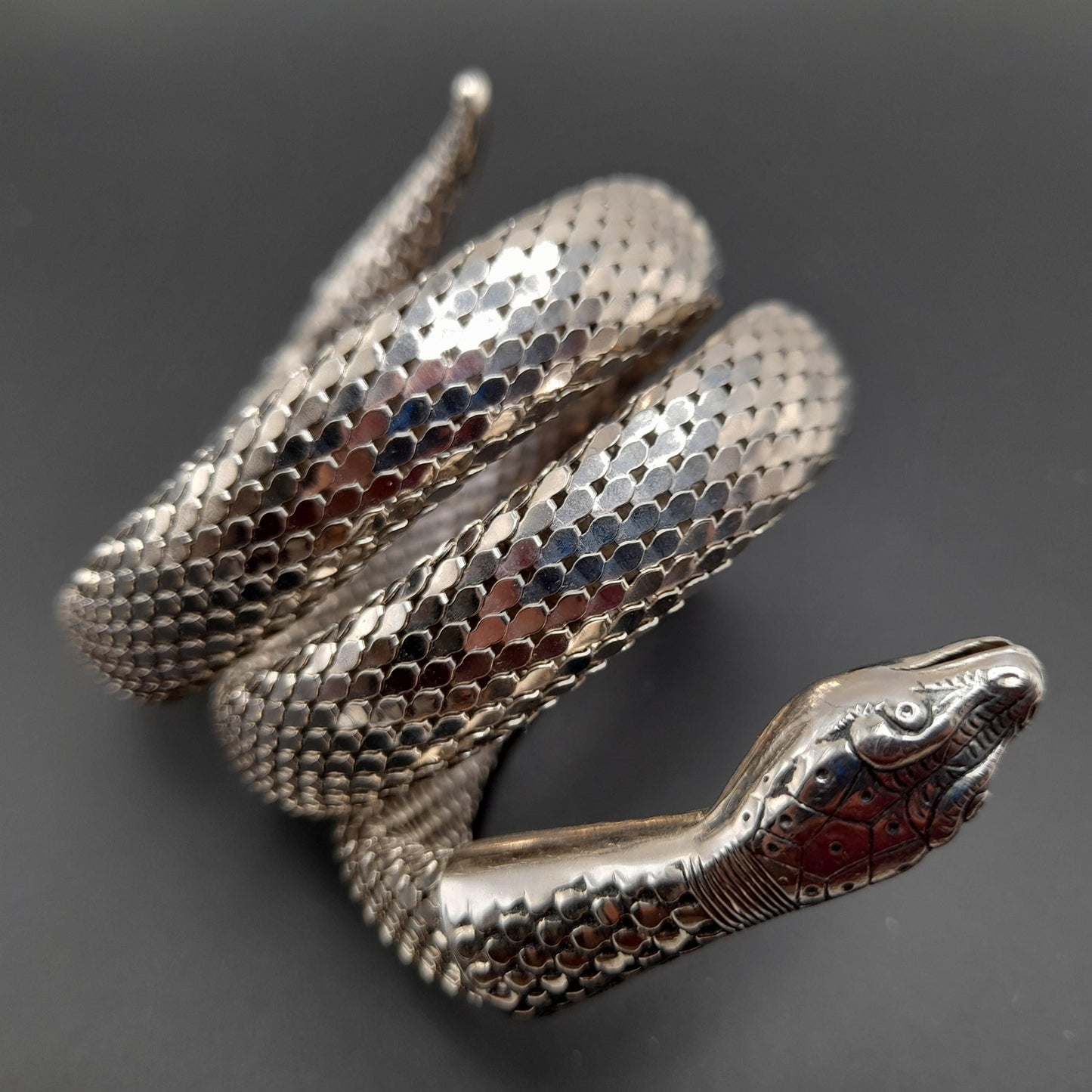 Whiting & Davis Snake Mesh Coil Bracelet, Rhodium Plated, Book Piece, 1970s Vintage Jewelry