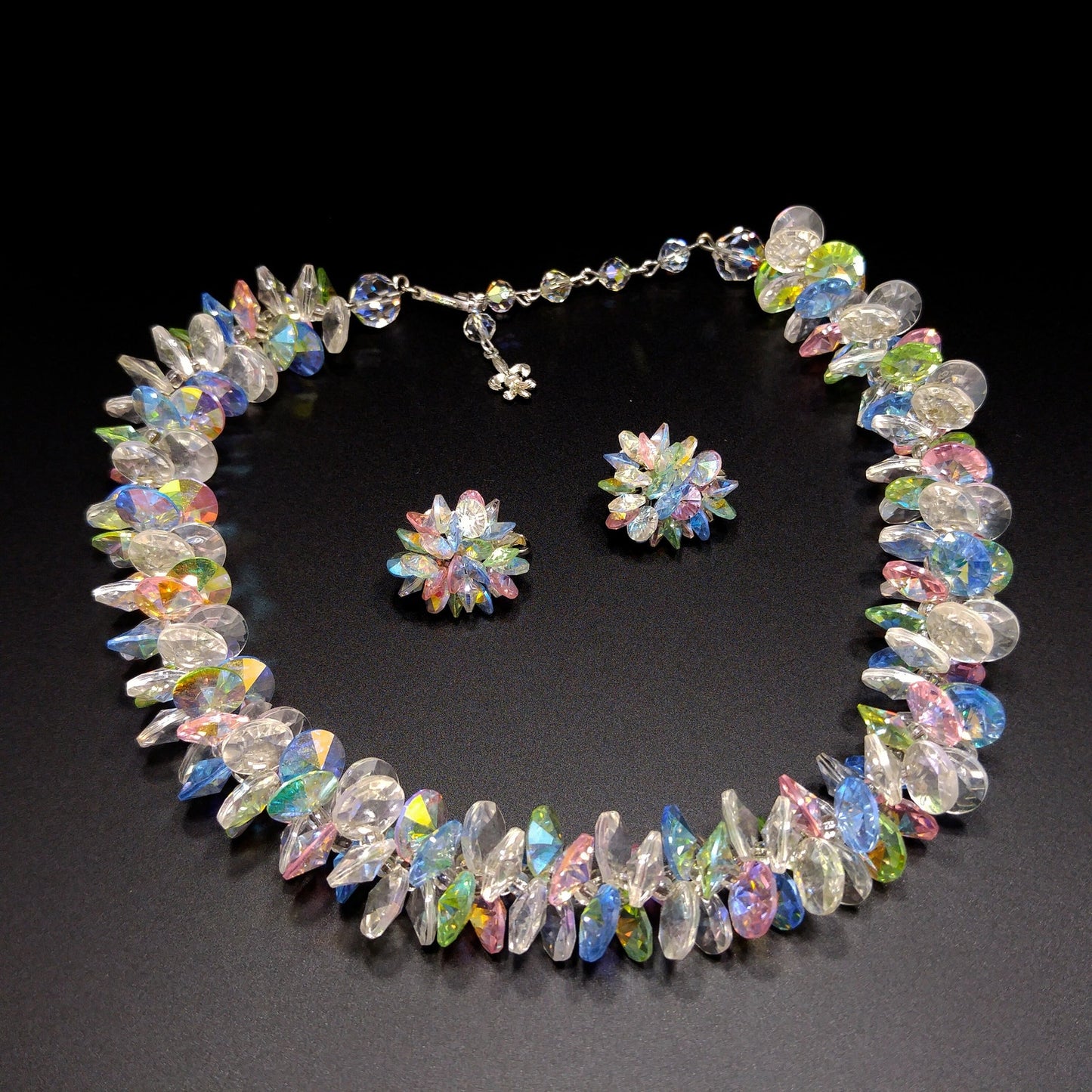 Vendome Pastel Lucite Beaded Necklace & Earrings, Aurora Borealis, 1960s Vintage Jewelry