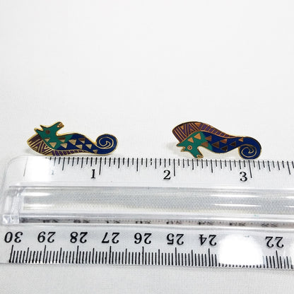 Vintage Laurel Burch "Sea Stallion" Post Earrings Teal Lavender & Gold SEA HORSE