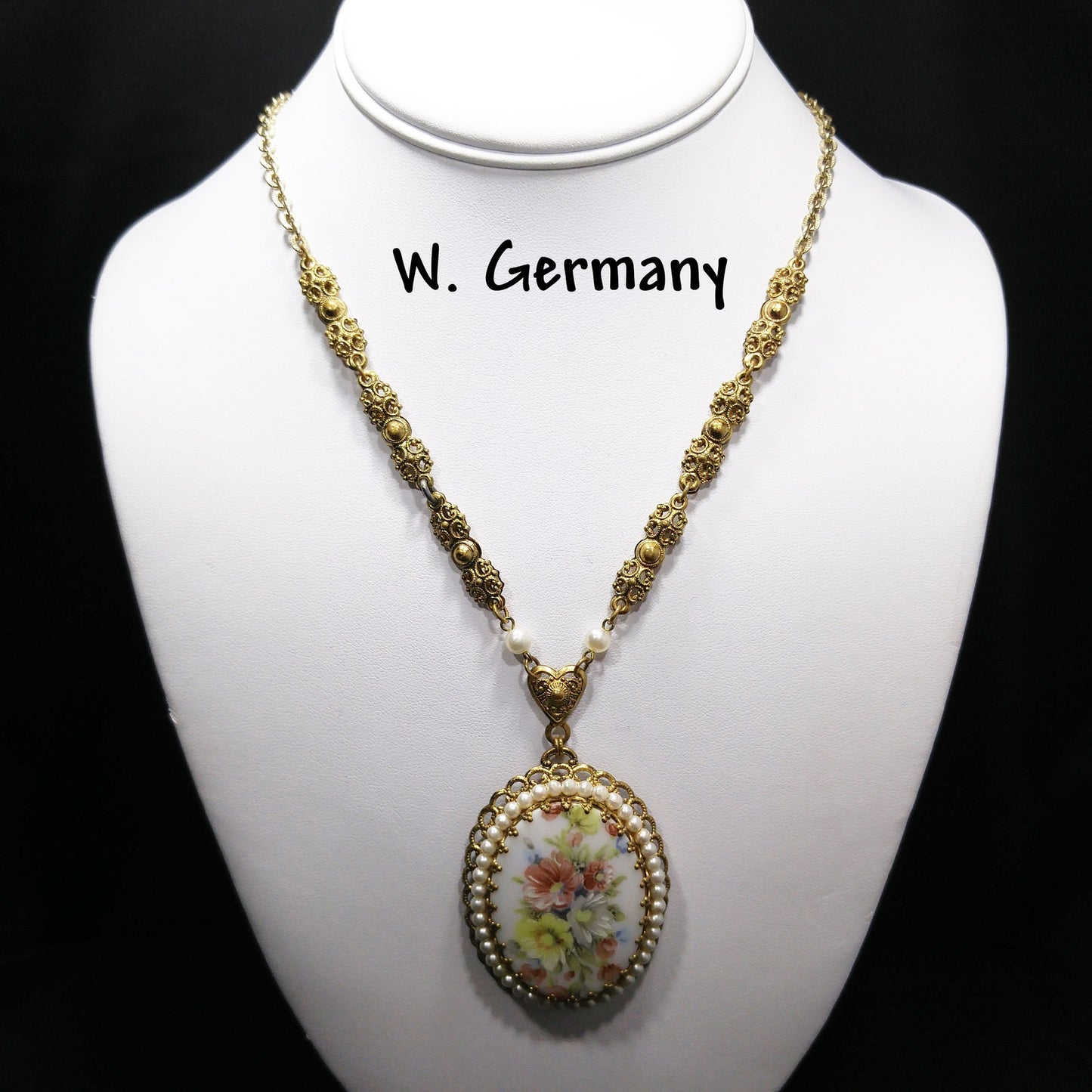 West Germany Floral Ceramic Pendant Necklace, Faux Pearls, 1960s Vintage Jewelry