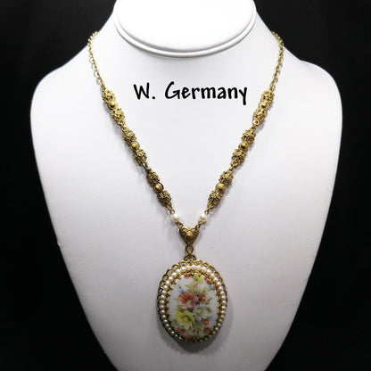 West Germany Floral Ceramic Pendant Necklace, Faux Pearls, 1960s Vintage Jewelry