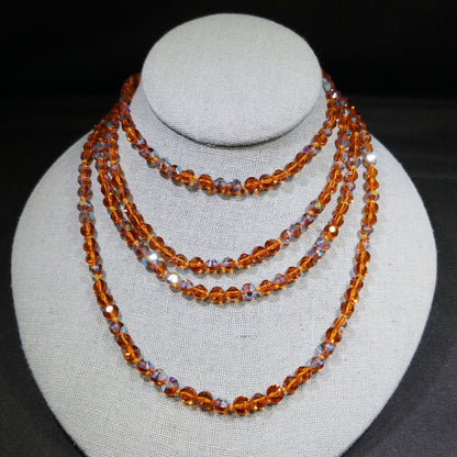 Topaz Austrian Crystal Beaded Necklace, 60 Inches, Aurora Borealis, 1960s Vintage Jewelry