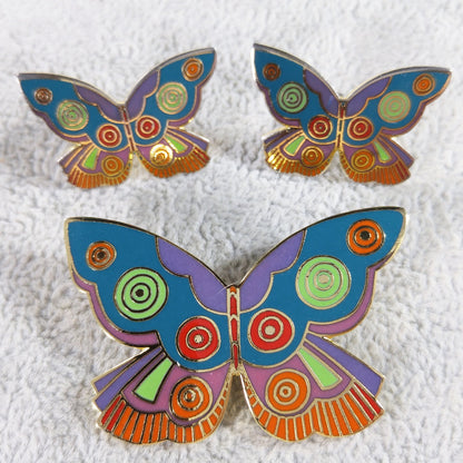 Laurel Burch "Summer Butterfly" Brooch & Earrings, Gold Plated Cloisonne' Enamel, 1980s Vintage Jewelry
