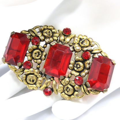 Art Nouveau Red Glass Floral Brooch, Three Red Emerald Cut Stones, 1930s Vintage Jewelry