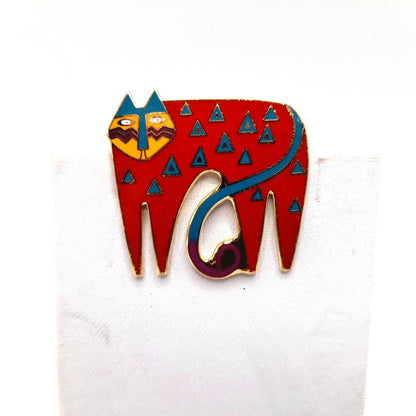 Laurel Burch "Miyo" Red Cat Brooch, Cloisonne Enamel, Gold Plated, 1980s Vintage Jewelry