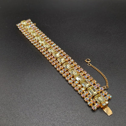 Jonquil Aurora Borealis Rhinestone Wide Bracelet, Gold Plated, 1960s Vintage Jewelry