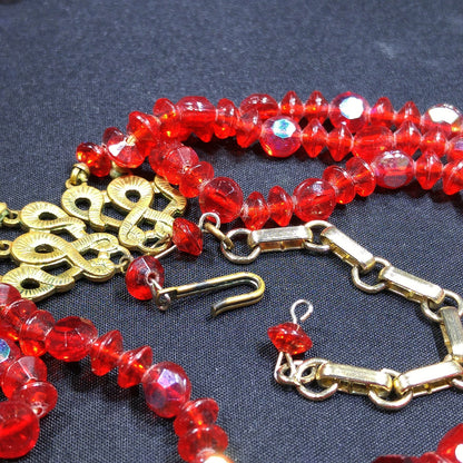 Czech Red Glass Beaded Necklace & Earrings, Fire Polished Red Beads, 1950s Vintage Jewelry