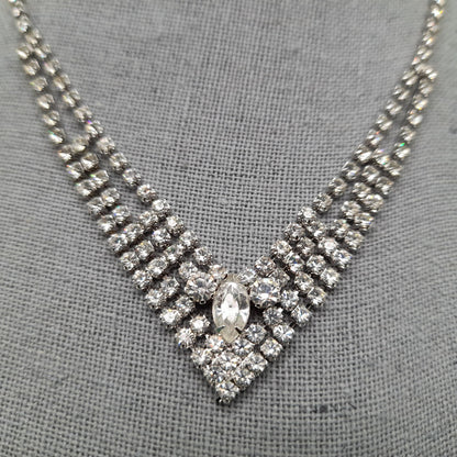 Eisenberg Ice Clear Rhinestone Necklace, Mid-Century Rhodium Plated, 1960s Vintage Jewelry