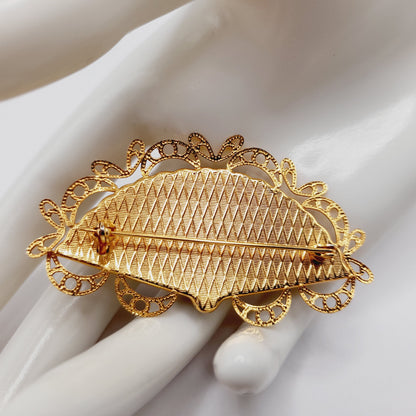 Vintage Damascene Fan Brooch Gold Black Filigree Pin 2.5 Inch