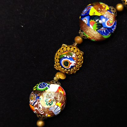Italian Millefiori Venetian Glass Necklace & Earrings, Aventurine Glitter Beads
