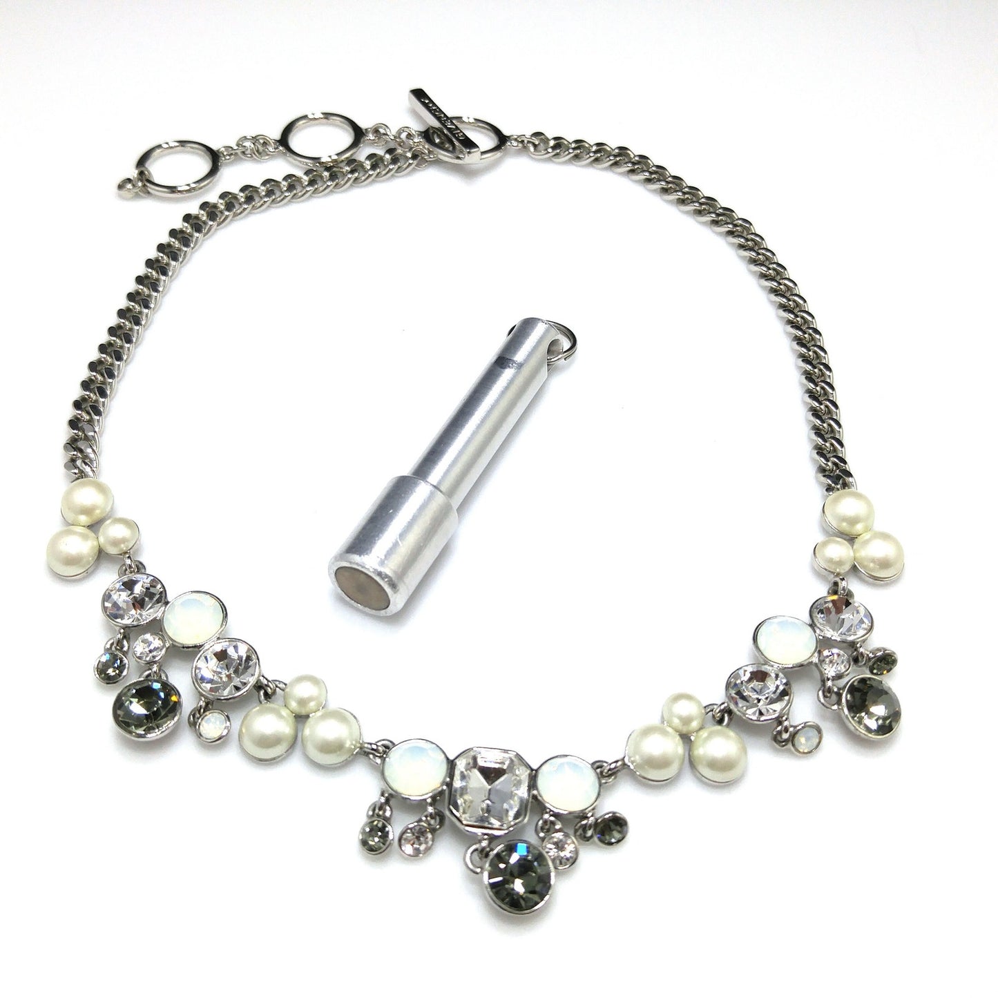 Vintage Givenchy Faux Pearl Rhinestone Necklace, Rhodium Plated, 1990s Jewelry