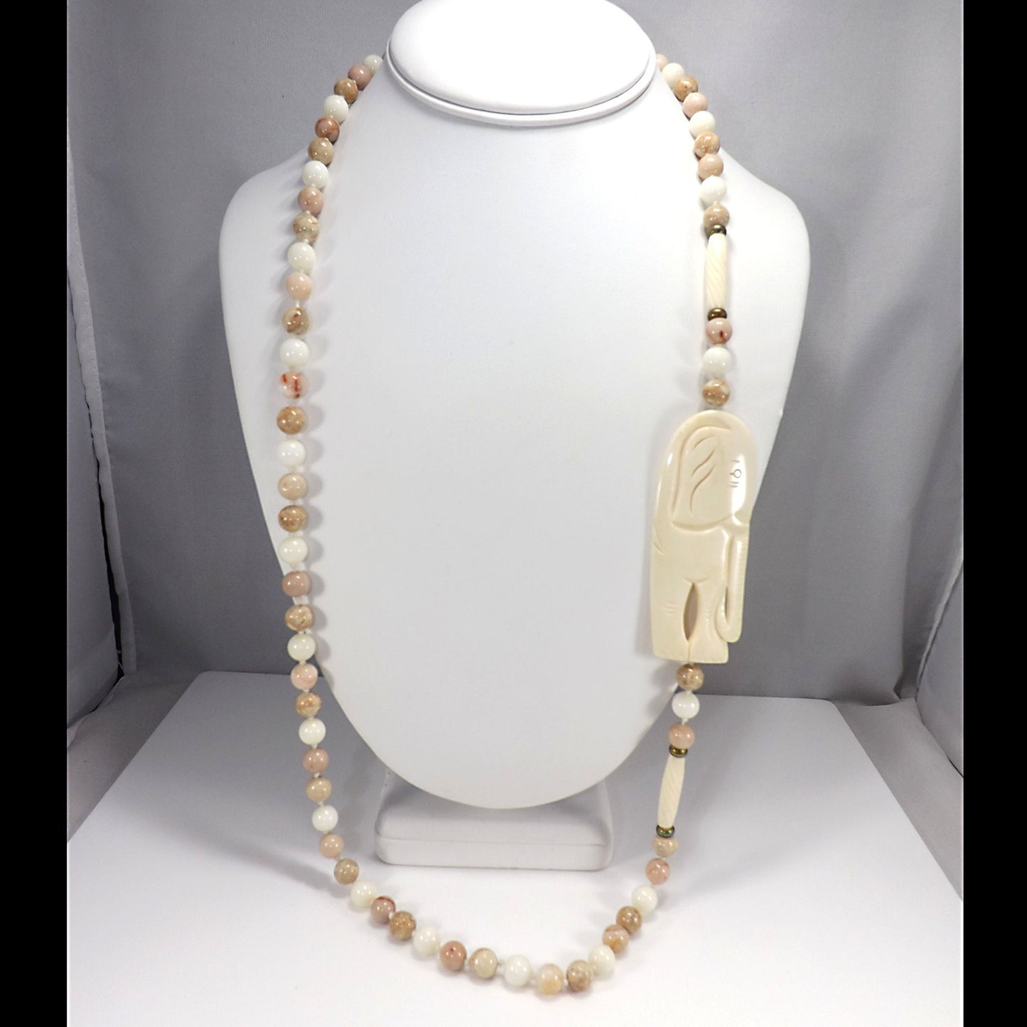 1950s Elephant Pendant Gemstone Beaded Necklace Hand Knotted 32” Vintage Jewelry