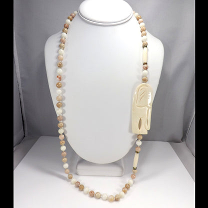1950s Elephant Pendant Gemstone Beaded Necklace Hand Knotted 32” Vintage Jewelry
