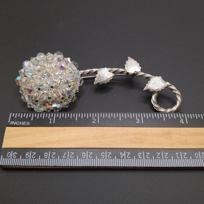 Vintage Austrian Crystal Flower Brooch, Aurora Borealis, Rhodium Plated Stem Leaves, 1960s Vintage Jewelry