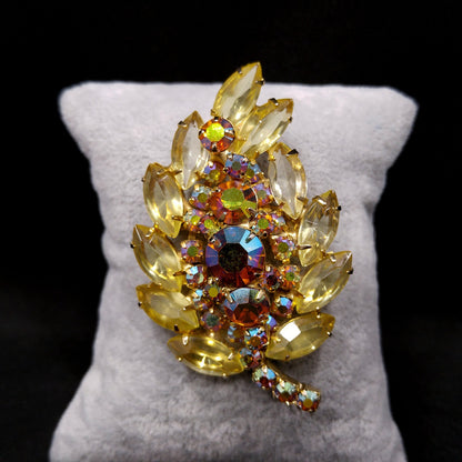 Yellow & Topaz Aurora Borealis Rhinestone Leaf Brooch, Open Back Stones, Gold Plated, 1960s Vintage Jewelry