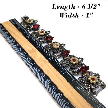 Victorian Red Rhinestone Book Chain Bracelet, Faux Pearl Flowers, 1940s Vintage Jewelry