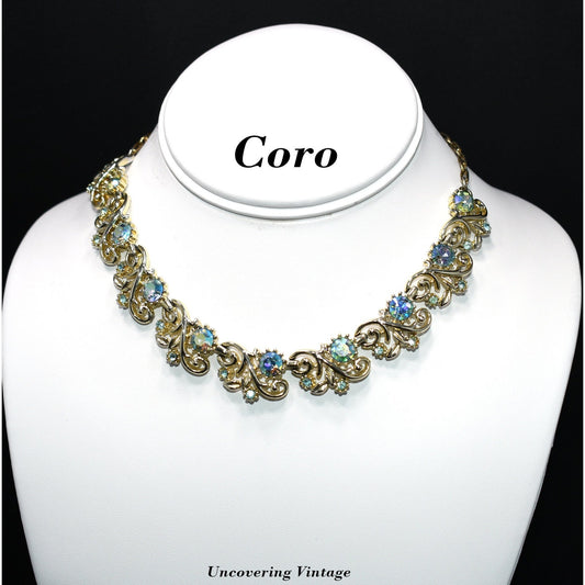 Coro Blue Aurora Borealis Gold Tone Choker Necklace, 1950s Vintage Jewelry