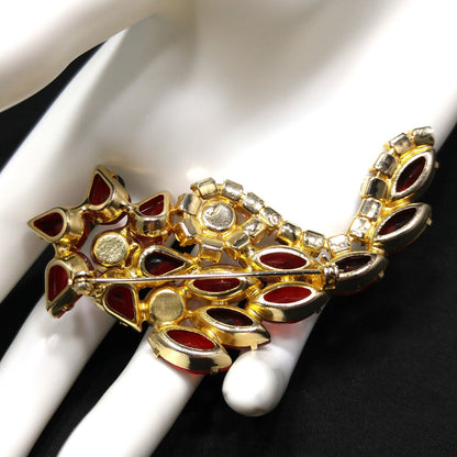 Red Rhinestone Floral Brooch, Juliana Style, 1960s Vintage Jewelry