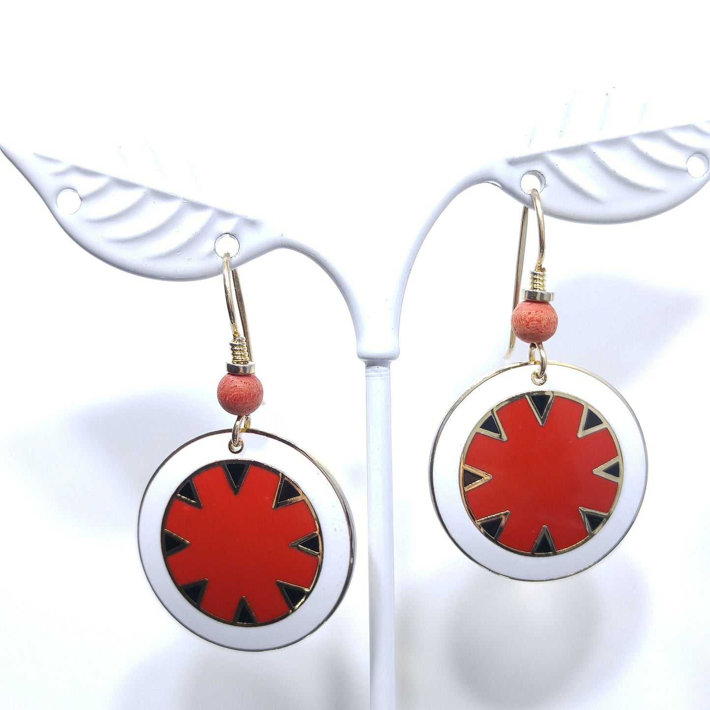 Vintage Laurel Burch "Myth" Earrings, Gold Plated Cloisonne, Red White Black