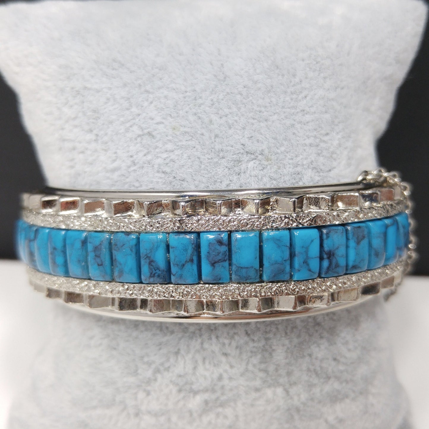Whiting & Davis Faux Turquoise Hinged Bracelet, Silver Tone, 1970s Vintage Jewelry
