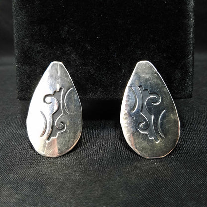Vintage Navajo T. Billy Sterling Silver Clip Earrings, Black Enamel