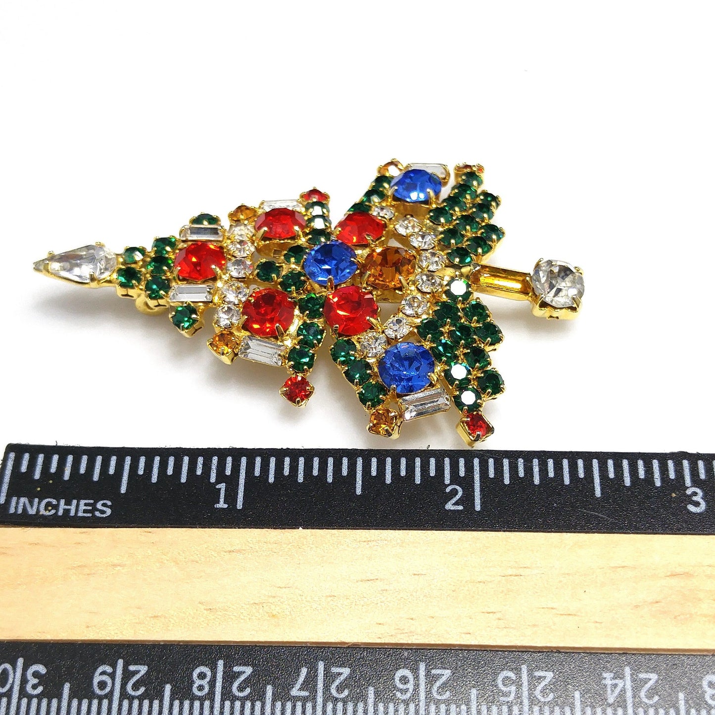 OTC Rhinestone Christmas Tree Brooch, Gold Plated, 1960s Vintage Holiday Jewelry