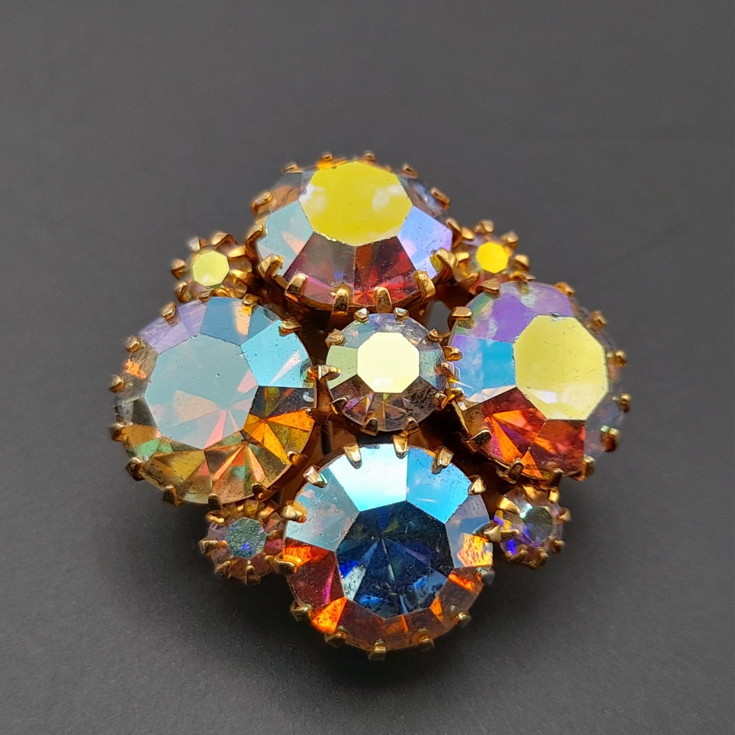 Vintage Aurora Borealis Rhinestone Clip On Earrings 1960s
