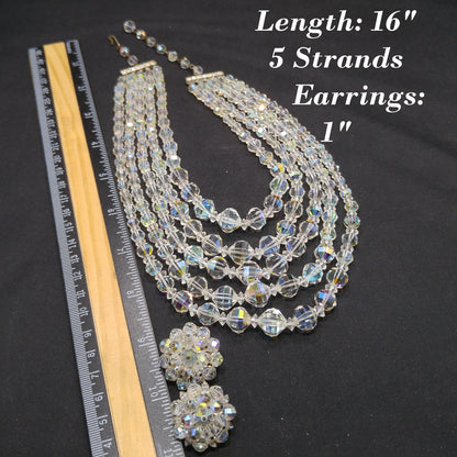 Laguna AB Crystal Beaded Necklace, Five Strands, Aurora Borealis Beads, 1950s