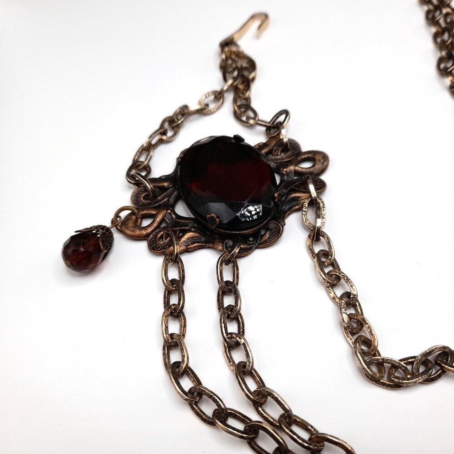 Vintage Hong Kong Boho Chain Belt Brown Glass Stones 32" Filigree 1960s