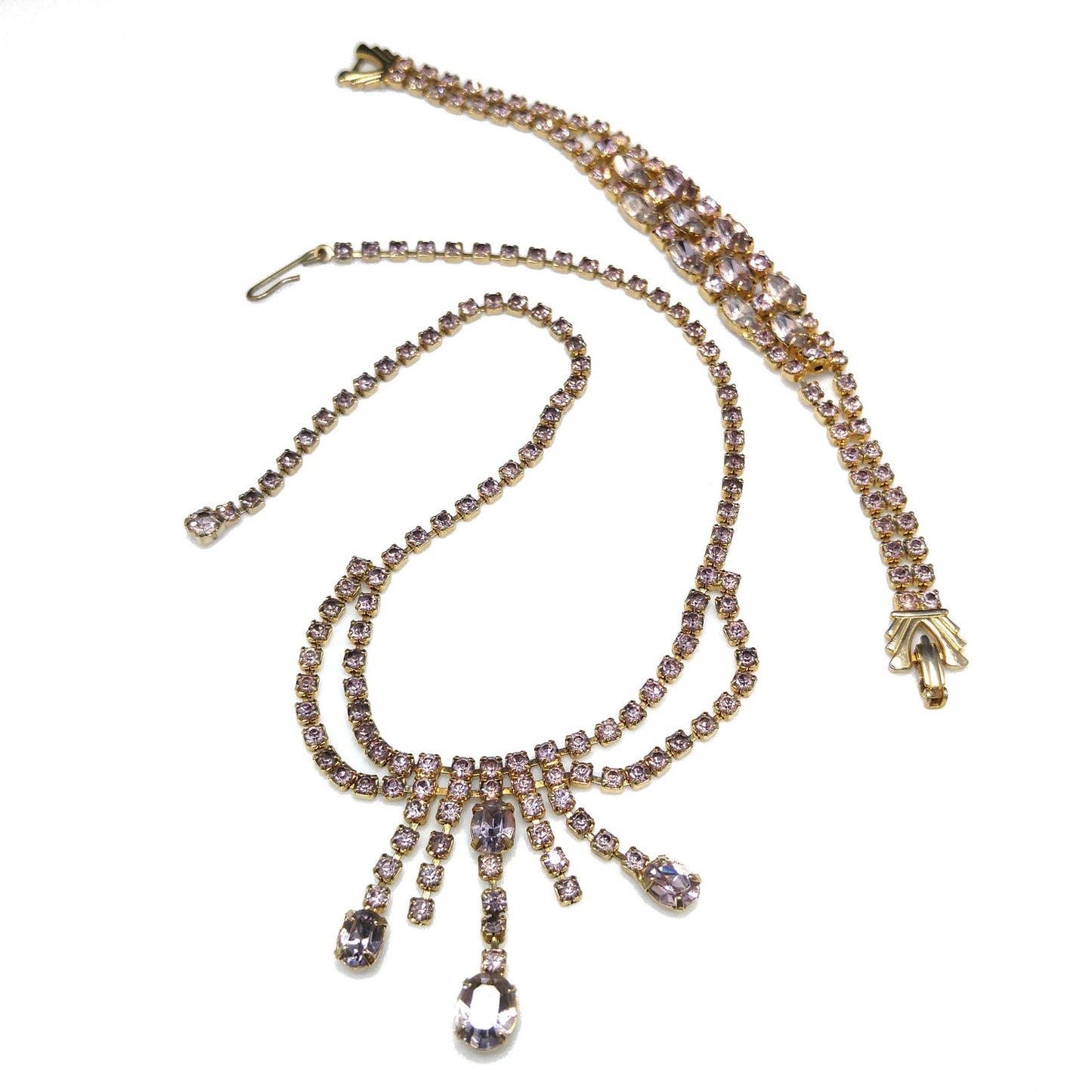 Vintage Lavender Rhinestone Festoon Necklace Bracelet Set, Gold Plated, 1950s Vintage Jewelry
