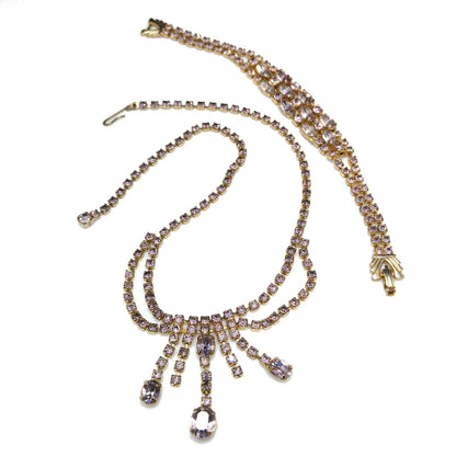 Vintage Lavender Rhinestone Festoon Necklace Bracelet Set, Gold Plated, 1950s Vintage Jewelry