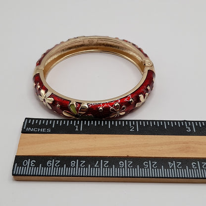 Vintage Jiu Long Xing Cloisonné Bangle Bracelet – Red Enamel Floral Hinged Bracelet – Gold Tone Signed Jewelry 6.25"