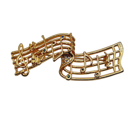 Vintage Musical Notes Brooch Gold Tone Music Staff Pin with Rhinestones – 2.75”