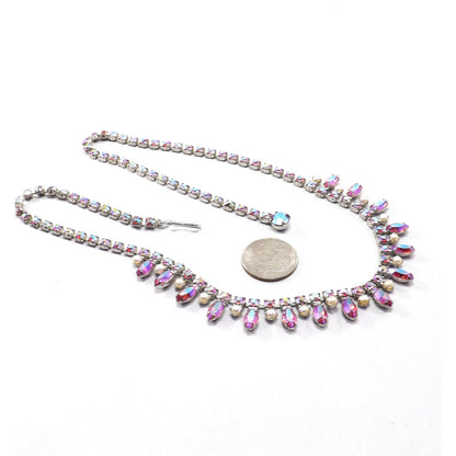 Vintage B. DAVID Pink Red AB Rhinestone Choker Necklace, 1960s, Rhodium Plated