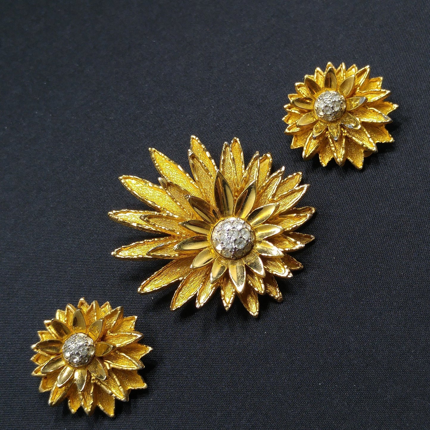 Joseph Mazer Flower Brooch & Earrings, Gold Plated, 1960s Vintage Jewelry