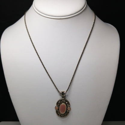 Barse Sterling Silver Pink Necklace, Large Pink Pearled Cabochon, 1990s Vintage Jewelry