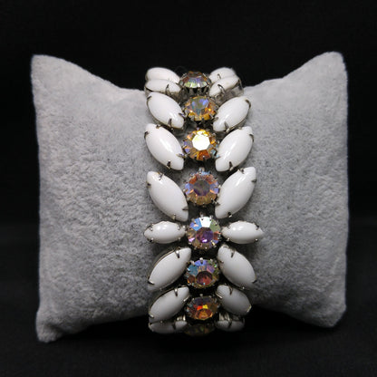 Weiss Milk Glass Bracelet, Aurora Borealis, Rhodium, 1960s Vintage Jewelry