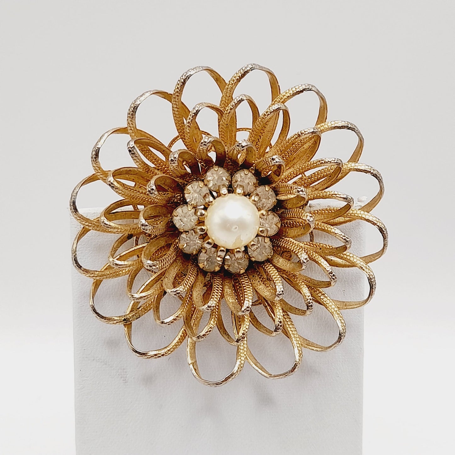 Vintage 1950s Gold Tone Floral Brooch, Faux Pearl Rhinestone Center, Mid-Century Jewelry