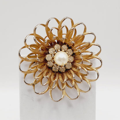 Vintage 1950s Gold Tone Floral Brooch, Faux Pearl Rhinestone Center, Mid-Century Jewelry