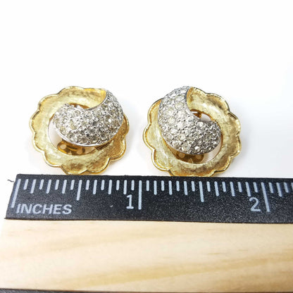 Vintage Jomaz Gold Plated Rhinestone Clip Earrings, Scalloped Edges, 1940s