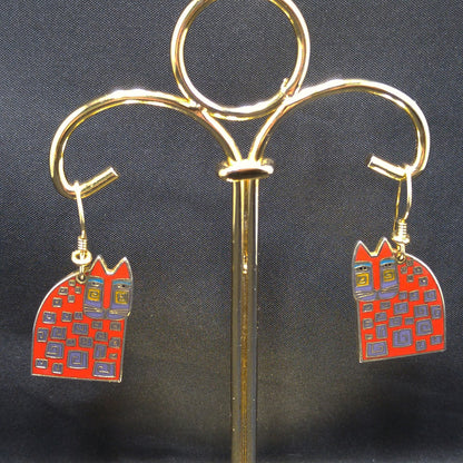 Laurel Burch "Red Cat" Earrings, Gold Plated, Red Enamel, 1980s Vintage Jewelry