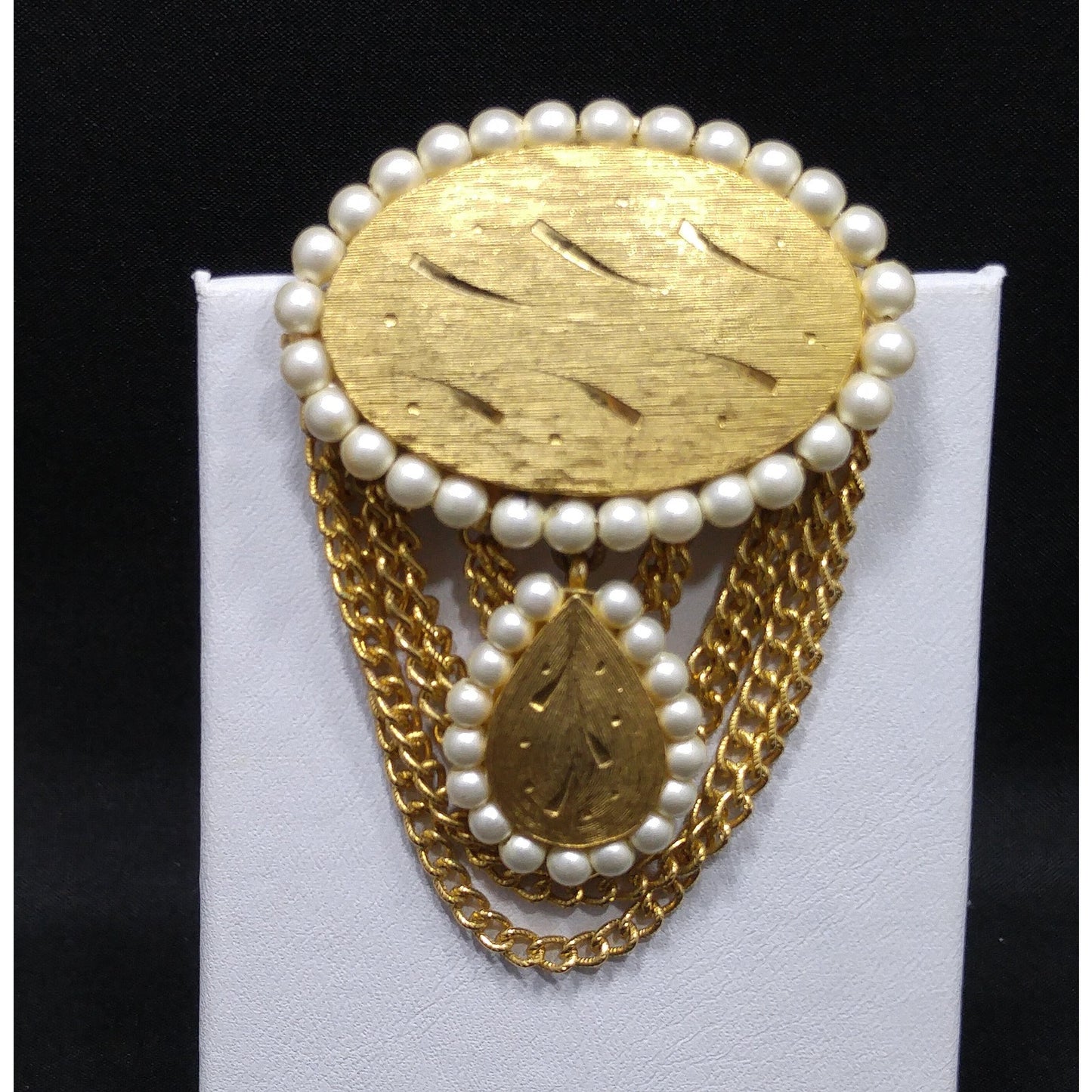 Kramer Gold Plated Dangle Brooch, Faux Pearls, 1950s Vintage Jewelry