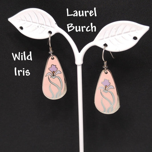 Laurel Burch "Wild Iris" Pink Enamel Earrings, Silver Tone, Gold Plated, 1980s