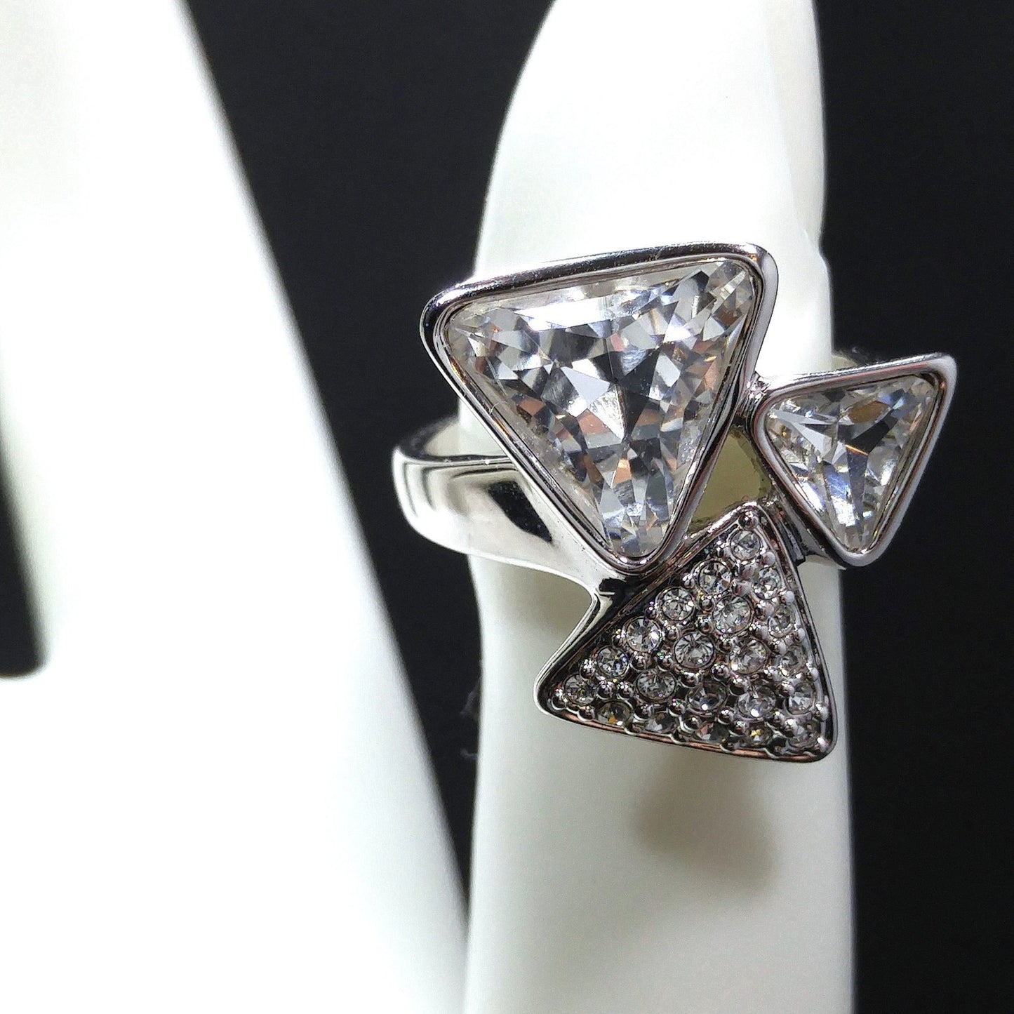 Swarovski Three Triangle Ring, Crystal & Pave, Rhodium Plated, Size 7.5
