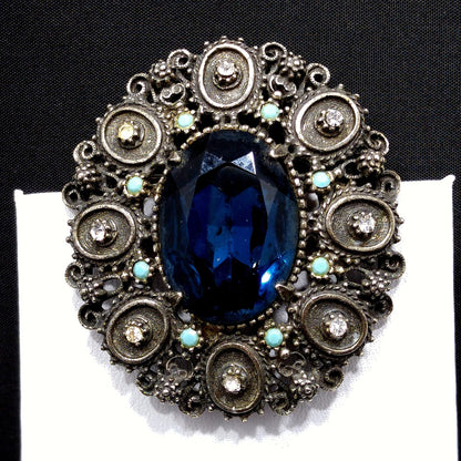 Florenza Blue Faceted Glass Brooch & Pendant, Antique Silver Tone, Gold Plated, 1950s Vintage Jewelry