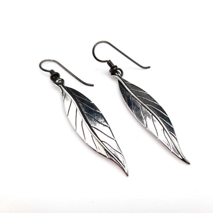 Vintage Laurel Burch Leaf Drop Earrings, Rhodium Plated Leaves