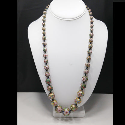 Vintage Cloisonne Beaded Necklace, Hand Knotted, Hand Painted Floral Beads, 1960