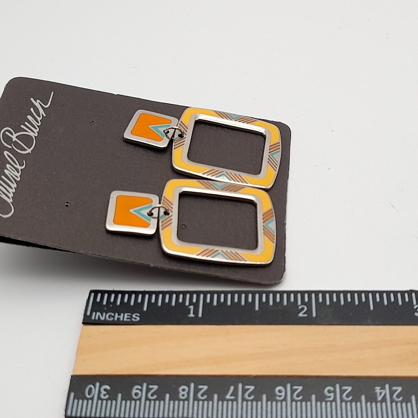 Vintage 1988 Laurel Burch Geometric Yellow Orange Enamel Post Earrings on Original Card