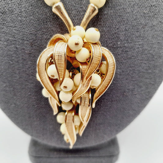 Vintage Articulated Fruit Pendant Gold Tone White Bead Necklace, 24 Inches