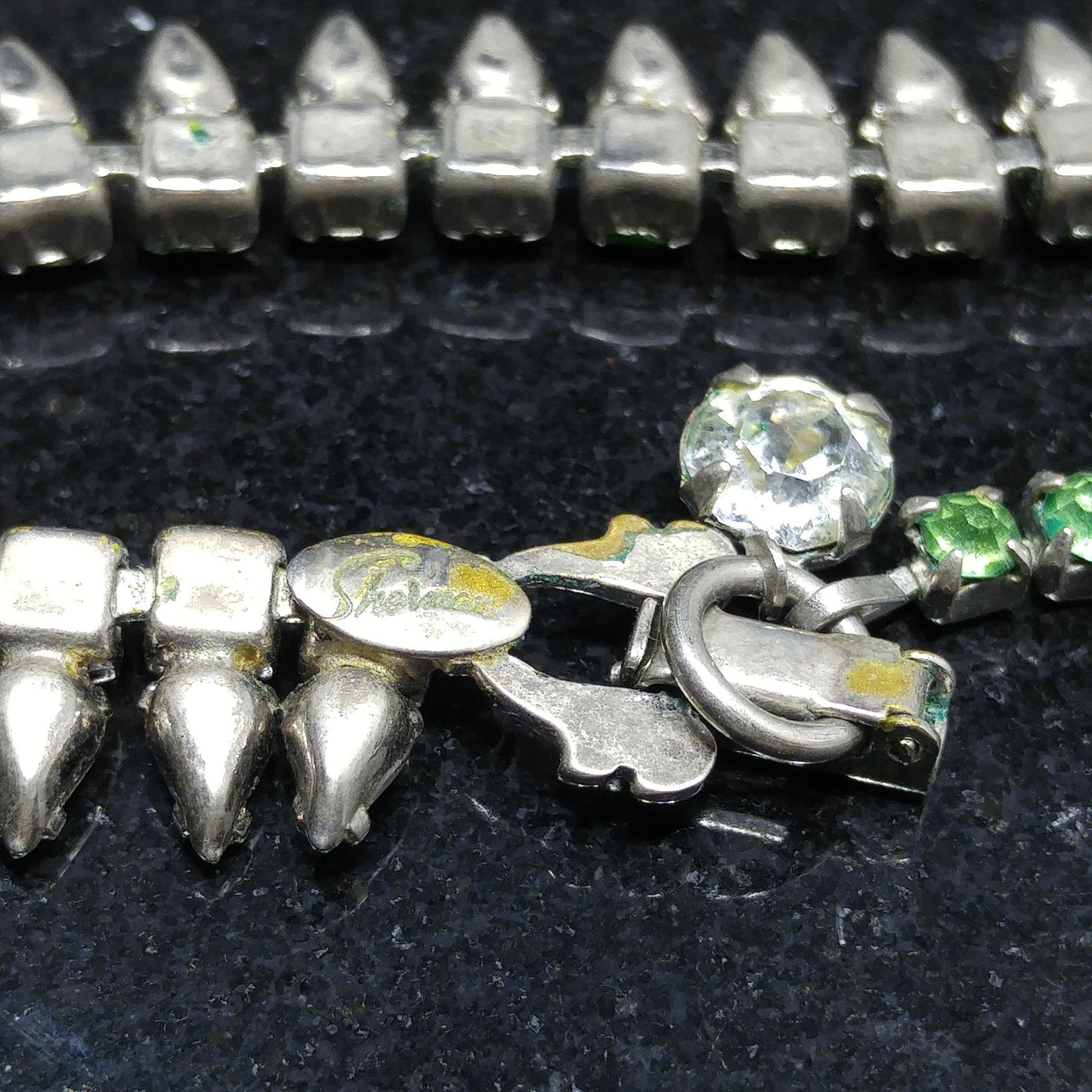 Vintage Sherman Green Rhinestone Necklace, Vaseline or Uranium Glass, 1950s